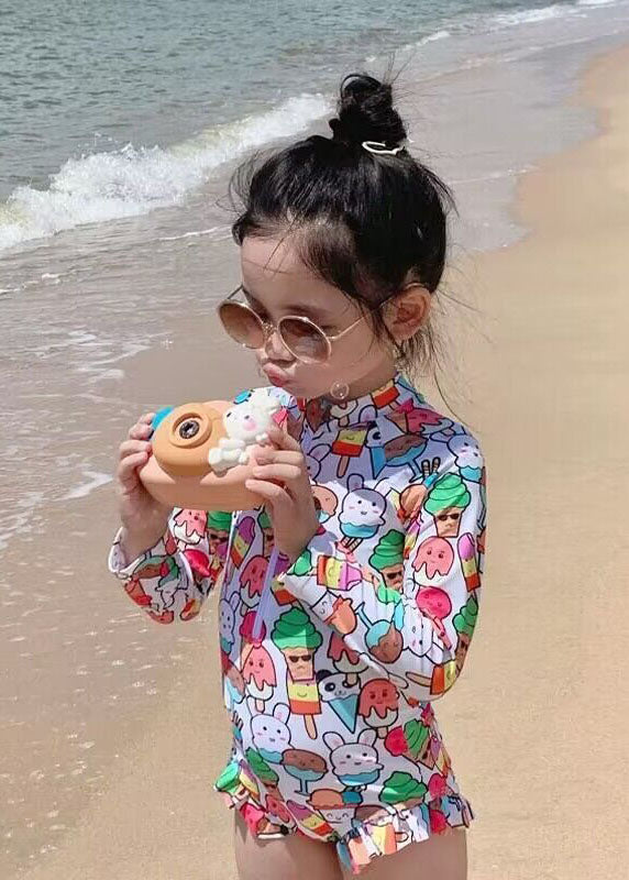 Cute Apricot Print Zippered Girls One Piece Swimsuit Summer