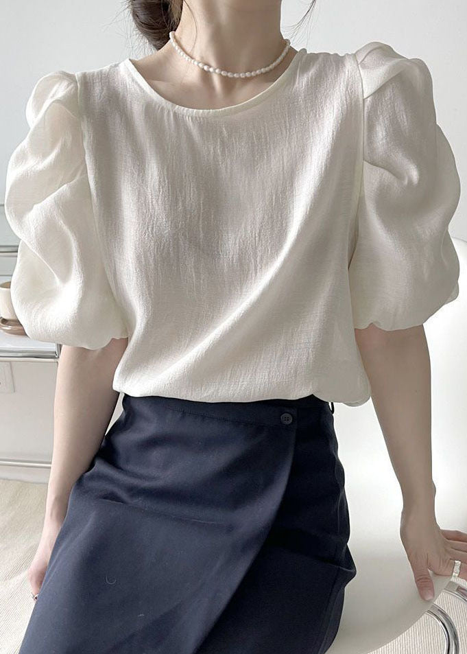 Cute Apricot Puff Sleeve O-Neck Wrinkled Solid Color Silk Tops Fall