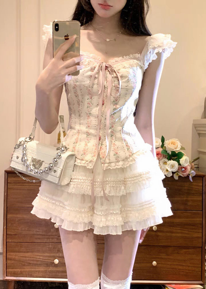 Cute Apricot Ruffled Lace Up Tulle Patchwork 2 Piece Summer