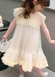 Cute Apricot Ruffled Sequins Patchwork Tulle Baby Girls Dresses Summer