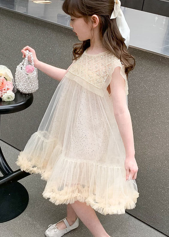 Cute Apricot Ruffled Sequins Patchwork Tulle Baby Girls Dresses Summer