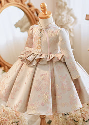 Cute Apricot Stand Collar Embroideried Ruffled Girls Maxi Dresses Spring