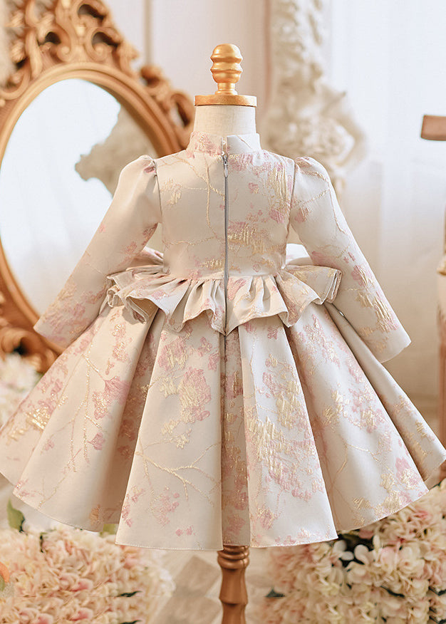 Cute Apricot Stand Collar Embroideried Ruffled Girls Maxi Dresses Spring