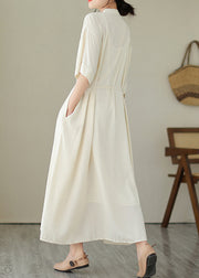 Cute Apricot Tie Waist Long Dress Short Sleeve