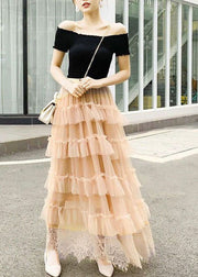 Cute Apricot Wrinkled Lace Patchwork Tulle Skirts Spring