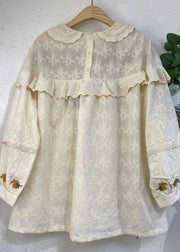 Cute Beige Embroideried Ruffled Patchwork Cotton Shirt Long Sleeve