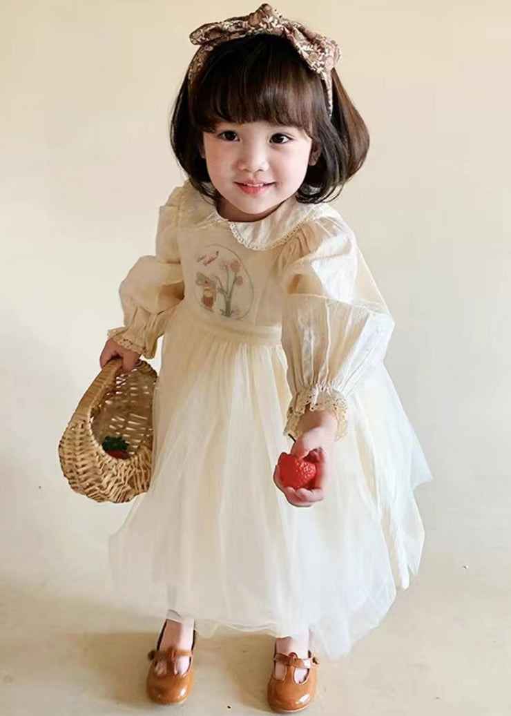 Cute Beige Lace Up Tulle Patchwork Girls Dresses Long Sleeve
