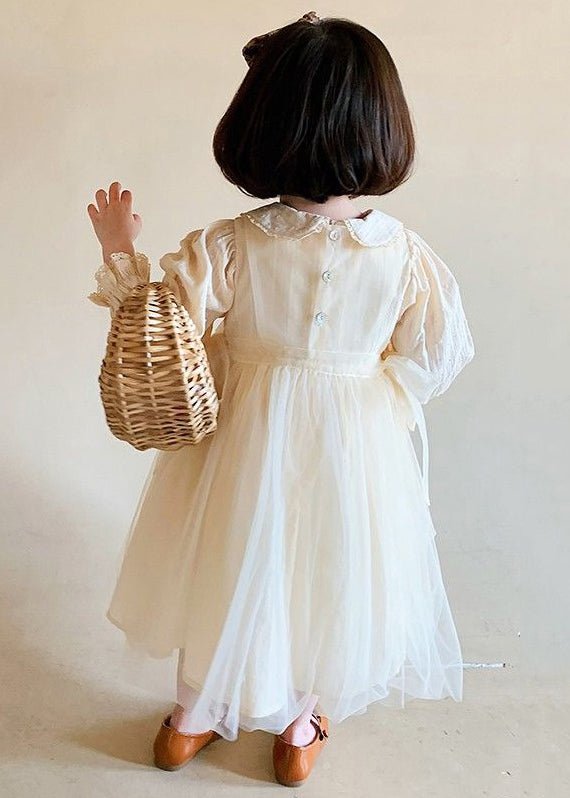 Cute Beige Lace Up Tulle Patchwork Girls Dresses Long Sleeve