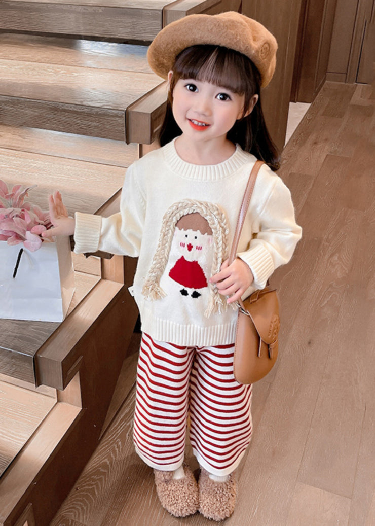 Cute Beige O-Neck Cotton Knit Girls Sweaters And Crop Pants Two Pieces Set Spring