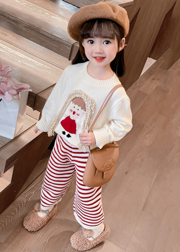 Cute Beige O-Neck Cotton Knit Girls Sweaters And Crop Pants Two Pieces Set Spring