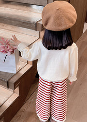 Cute Beige O-Neck Cotton Knit Girls Sweaters And Crop Pants Two Pieces Set Spring