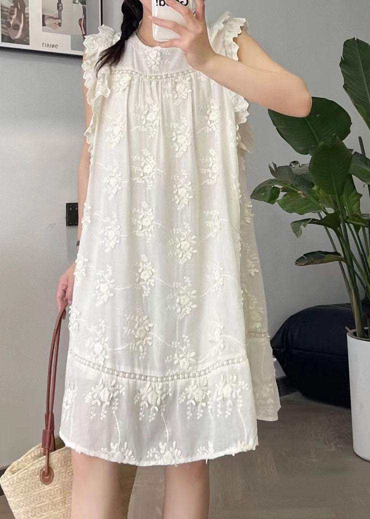 Cute Beige O-Neck Embroidered Floral Silk Cotton Mid Dress Summer