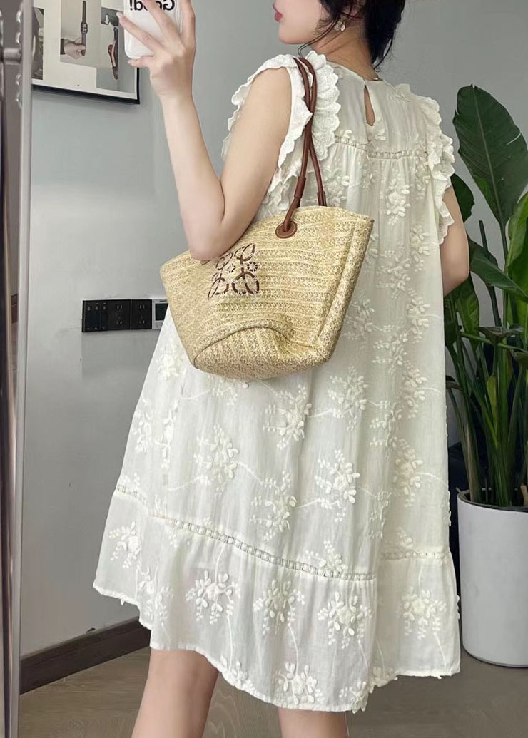 Cute Beige O-Neck Embroidered Floral Silk Cotton Mid Dress Summer