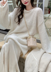 Cute Beige O-Neck Thick Cotton Knit Waistcoat Sweaters And Trousers Three Piece Set Winter