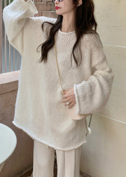 Cute Beige O-Neck Thick Cotton Knit Waistcoat Sweaters And Trousers Three Piece Set Winter