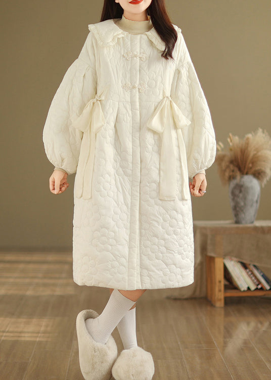 Cute Beige Peter Pan Collar Fine Cotton Filled Coat Lantern Sleeve