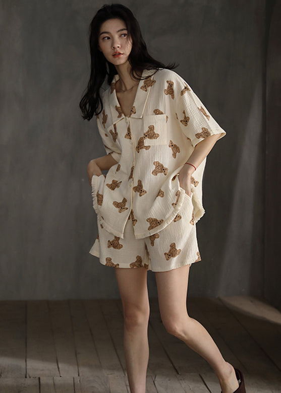 Cute Beige Peter Pan Collar Litter Bear Print Cotton Pajamas Two Pieces Set Short Sleeve