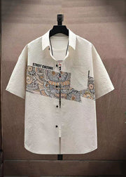Cute Beige Peter Pan Collar Print Mens Shirt And Shorts Two Piece Set Short Sleeve