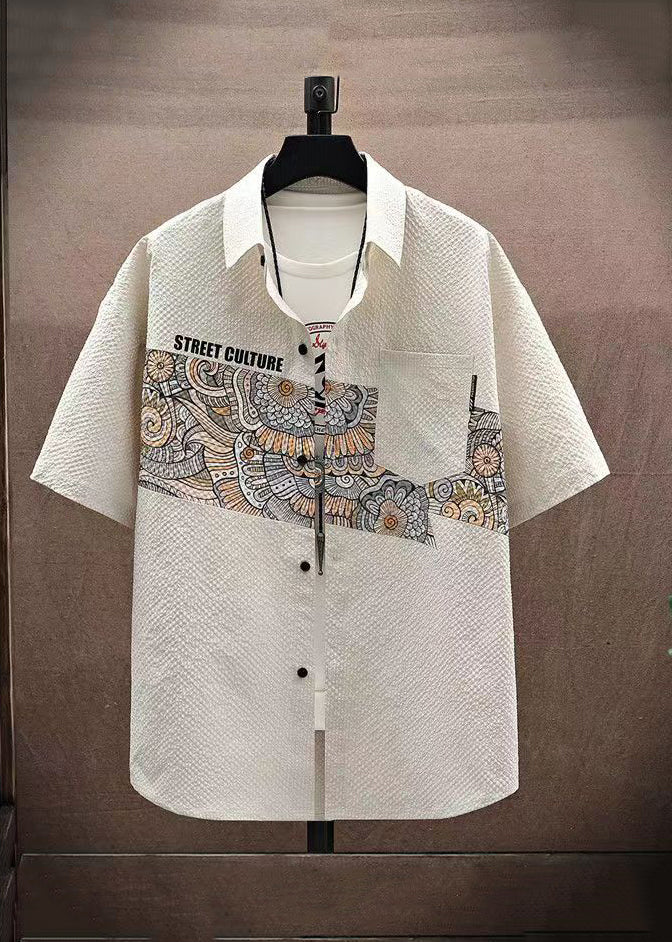 Cute Beige Peter Pan Collar Print Mens Shirt And Shorts Two Piece Set Short Sleeve