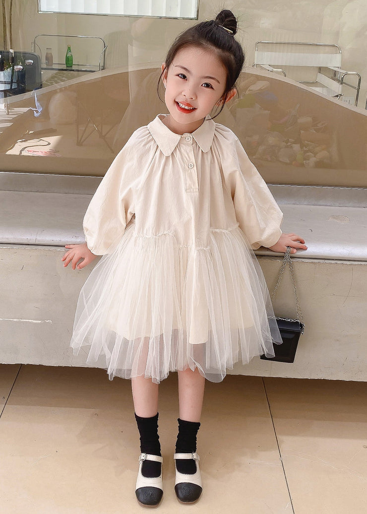 Cute Beige Peter Pan Collar Tulle Patchwork Cotton Girls Dresses Fall