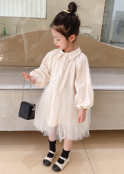 Cute Beige Peter Pan Collar Tulle Patchwork Cotton Girls Dresses Fall