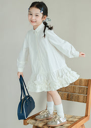 Cute Beige Ruffled Patchwork Button Girls Vacation Long Shirts Dresses Spring