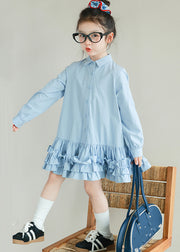 Cute Beige Ruffled Patchwork Button Girls Vacation Long Shirts Dresses Spring