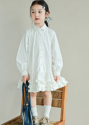 Cute Beige Ruffled Patchwork Button Girls Vacation Long Shirts Dresses Spring