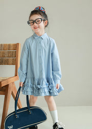 Cute Beige Ruffled Patchwork Button Girls Vacation Long Shirts Dresses Spring