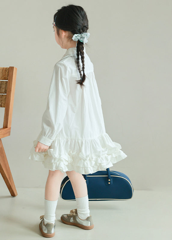 Cute Beige Ruffled Patchwork Button Girls Vacation Long Shirts Dresses Spring