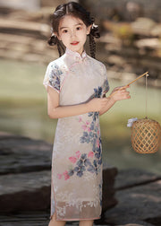 Cute Beige Stand Collar Print Kids Long Dress Summer