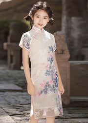 Cute Beige Stand Collar Print Kids Long Dress Summer