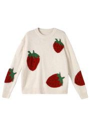 Cute Beige Strawberry Print Cozy Cotton Knit Sweater Long Sleeve