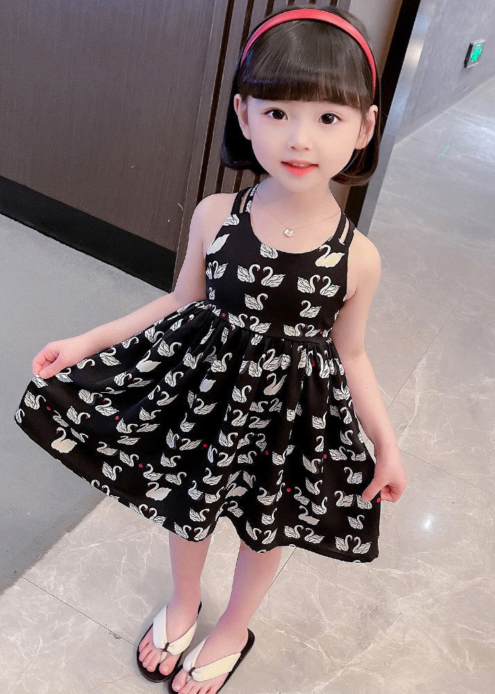 Cute Black Animal Print Patchwork Cotton Girls Slip Long Dress Summer