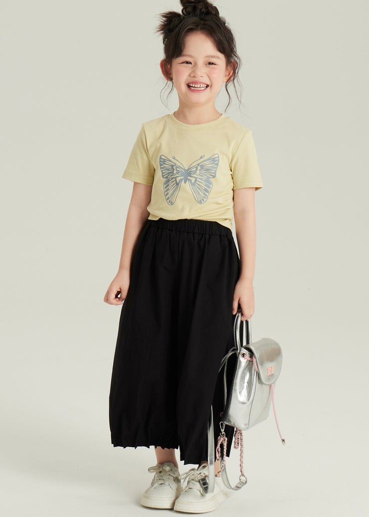 Cute Black Asymmetrical Butterfly Print Girls Top And Crop Pants Two Pieces Set Short Sleeve