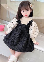 Cute Black Dot Patchwork False Two Pieces Cotton Girls Dresses Lantern Sleeve