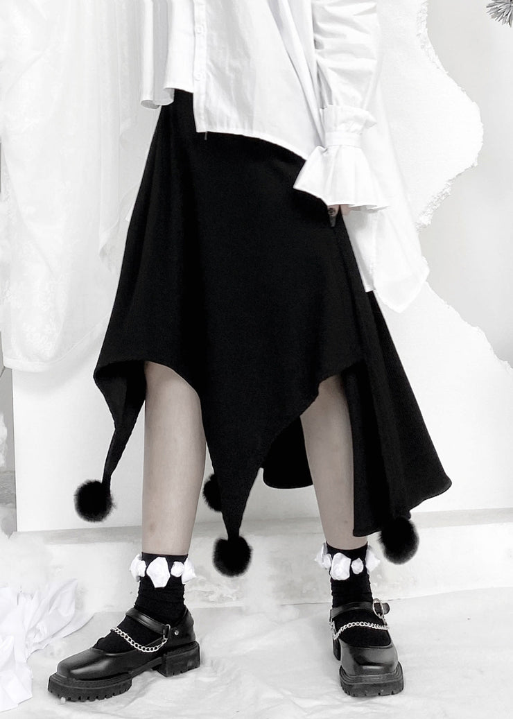 Cute Black Fuzzy Ball Decorated Asymmetrical Skirts