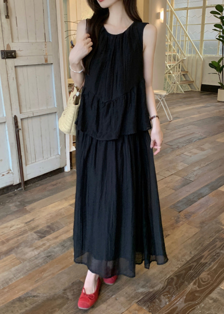 Cute Black O-Neck Patchwork Fake Two Pieces Silk Cotton Maxi Dress Sleeveless