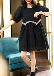 Cute Black O Neck Zircon Patchwork Cotton Dresses Summer