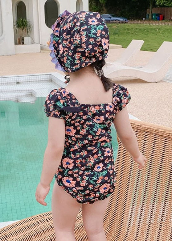 Cute Black Print Girls One Piece Swimsuit And Hat Two Pieces Set Summer