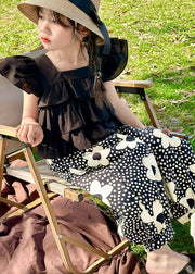 Cute Black Ruffled Patchwork Cotton Kids Girls Two Piece Suit Summer