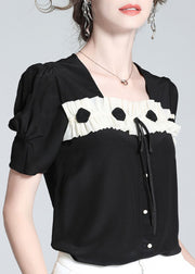 Cute Black Square Collar Patchwork Silk Top Summer