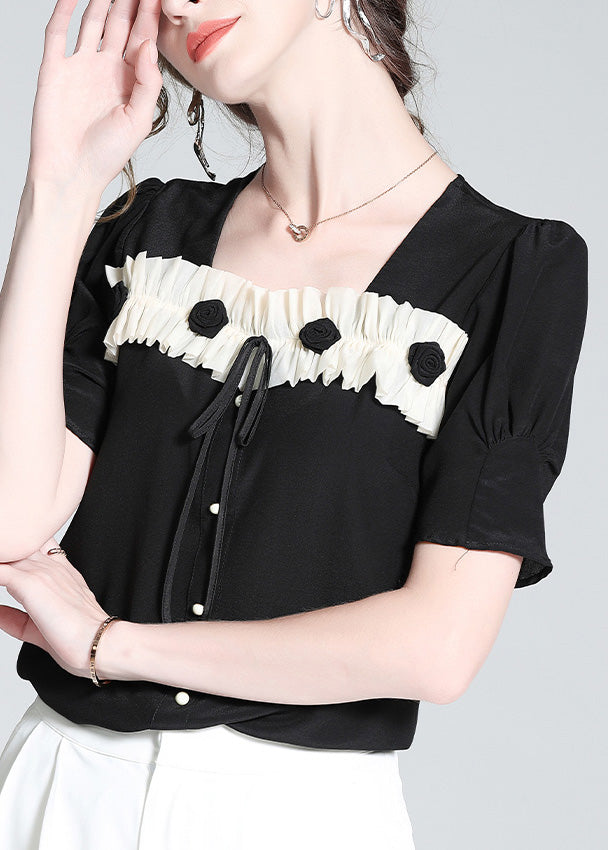 Cute Black Square Collar Patchwork Silk Top Summer