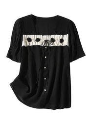 Cute Black Square Collar Patchwork Silk Top Summer