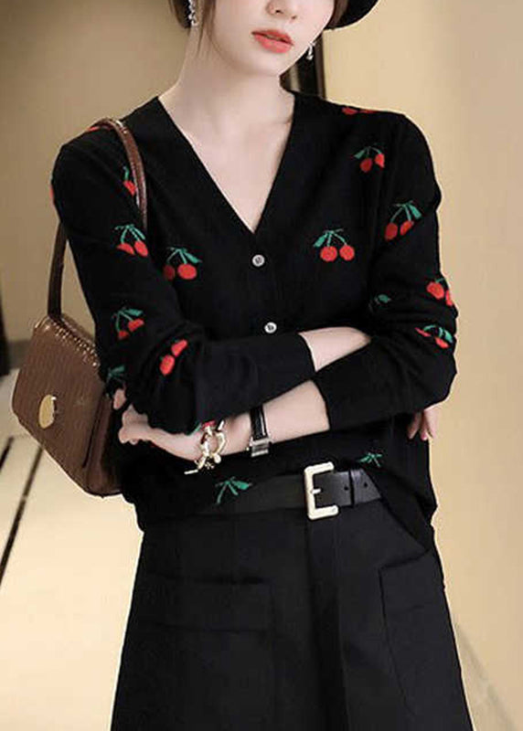 Cute Black V Neck Embroideried Button Woolen Knit Cardigan Long Sleeve