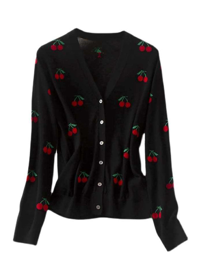 Cute Black V Neck Embroideried Button Woolen Knit Cardigan Long Sleeve