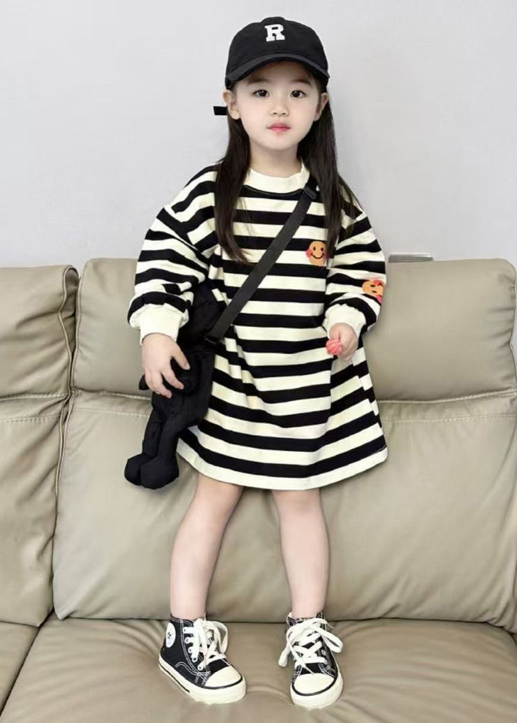 Cute Black White Striped O-Neck Kids Maxi Dresses Long Sleeve