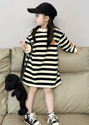 Cute Black White Striped O-Neck Kids Maxi Dresses Long Sleeve