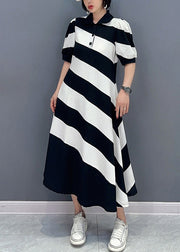 Cute Black White Striped Peter Pan Collar Patchwork Long Dress Short Sleeve