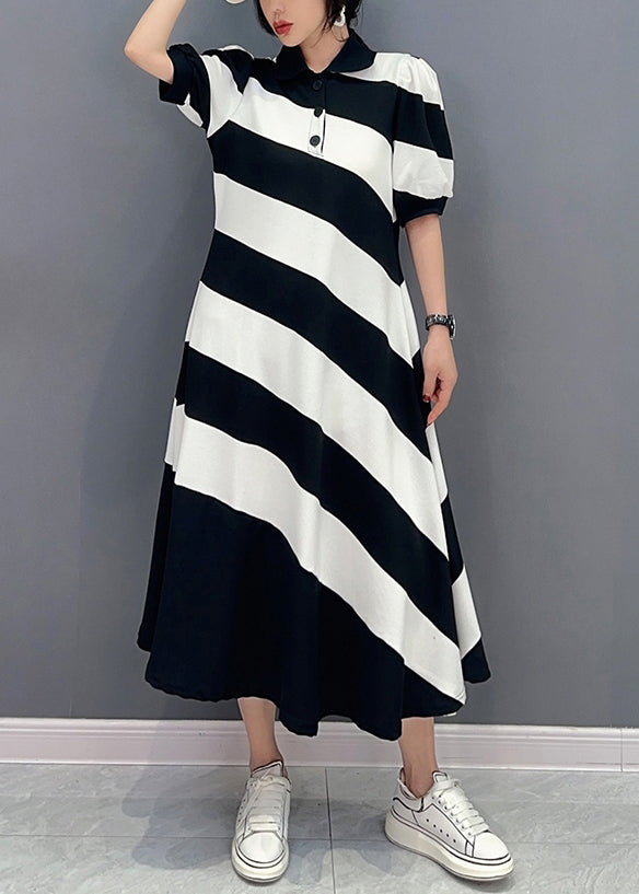 Cute Black White Striped Peter Pan Collar Patchwork Long Dress Short Sleeve